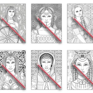 May include: Six black and white illustrations of women with intricate hairstyles and clothing. Each illustration is framed with a decorative border.