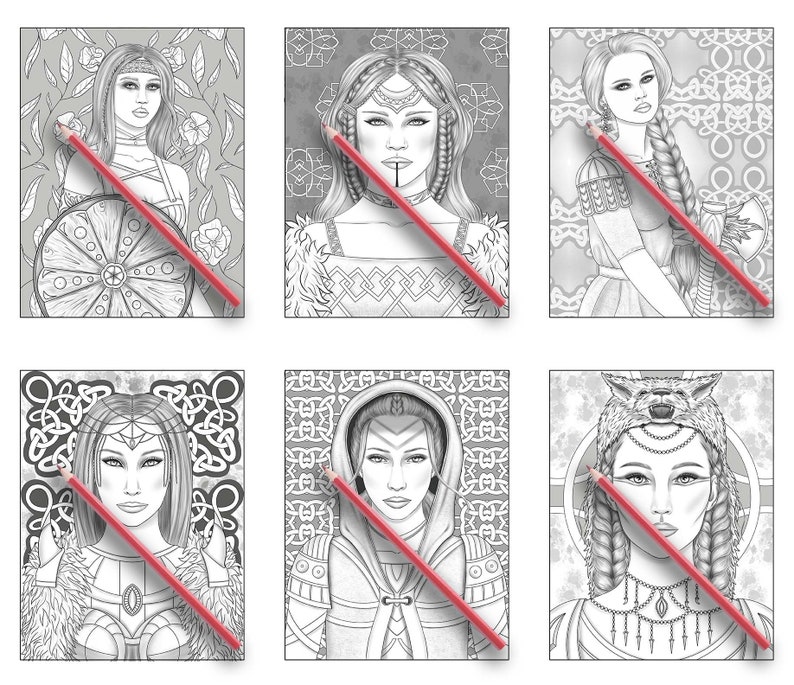May include: Six black and white illustrations of women with intricate hairstyles and clothing. Each illustration is framed with a decorative border.