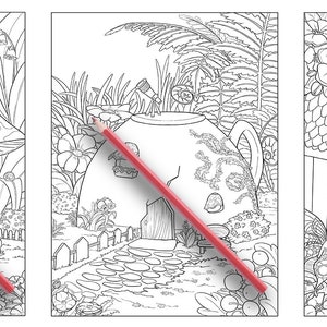 Może przedstawiać: Trzy czarno-białe ilustracje fantazyjnych domk&oacute;w. Pierwszy domek to grzyb z kominem, drugi to czajnik z dzi&oacute;bkiem, a trzeci to budka dla ptak&oacute;w z ptakiem siedzącym na dachu. Każdy domek ma ścieżkę prowadzącą do drzwi wejściowych.