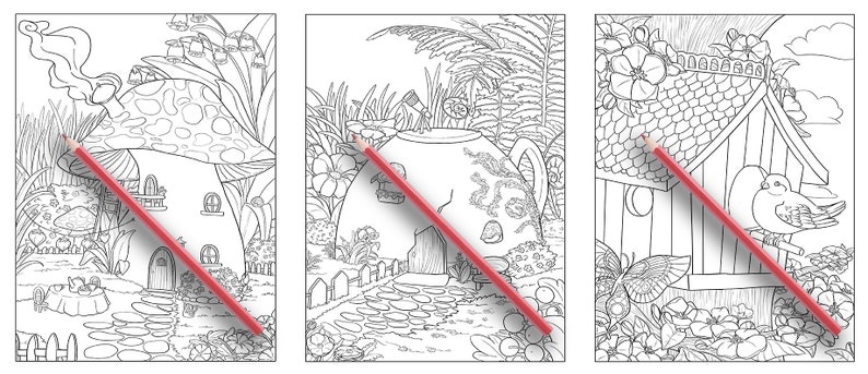 Może przedstawiać: Trzy czarno-białe ilustracje fantazyjnych domk&oacute;w. Pierwszy domek to grzyb z kominem, drugi to czajnik z dzi&oacute;bkiem, a trzeci to budka dla ptak&oacute;w z ptakiem siedzącym na dachu. Każdy domek ma ścieżkę prowadzącą do drzwi wejściowych.