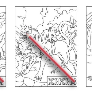 May include: Black and white line art colouring pages featuring three mythical creatures: Cyclops, Cerberus, and Demeter. Each page has the creature's name at the bottom.