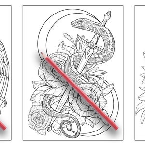 以下が含まれることがあります： 複雑なデザインが施された白黒の塗り絵3枚。最初のページには、蛇が巻き付いた鳥が描かれている。2枚目は、剣に巻き付いた蛇が描かれている。3枚目は、三日月と星が頭上に輝く猫が描かれている。