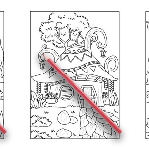 Pode incluir: Tr&ecirc;s desenhos em preto e branco de casas de cogumelos caprichosas. Cada casa tem um design &uacute;nico e &eacute; cercada por flores e plantas. As casas s&atilde;o perfeitas para colorir.