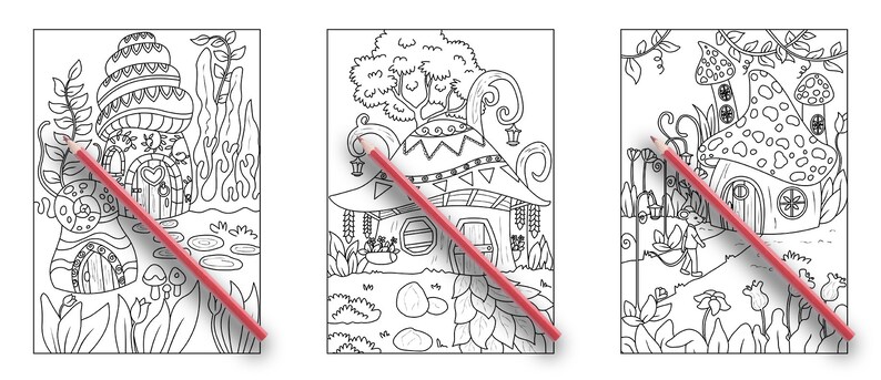 Pode incluir: Tr&ecirc;s desenhos em preto e branco de casas de cogumelos caprichosas. Cada casa tem um design &uacute;nico e &eacute; cercada por flores e plantas. As casas s&atilde;o perfeitas para colorir.