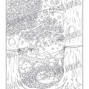 May include: A black and white line drawing of a forest scene with a fox sleeping in a hammock between two trees. A bird is perched on a branch above the fox. There are mushrooms and leaves surrounding the hammock.