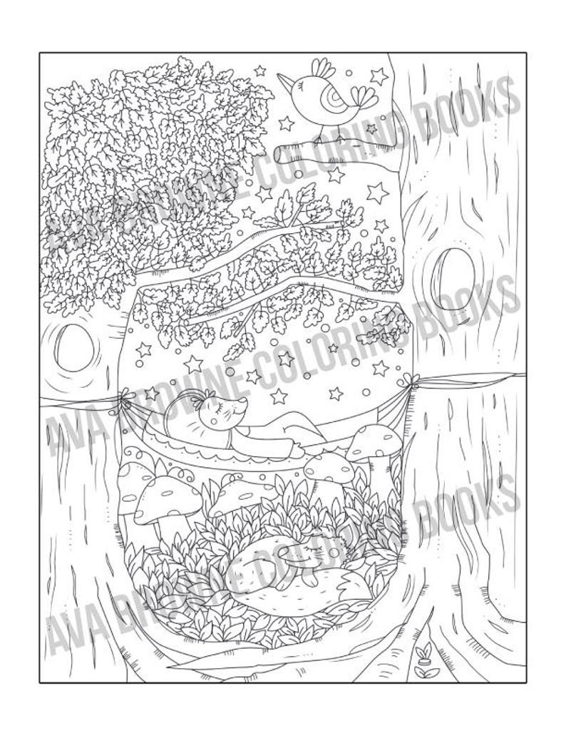 May include: A black and white line drawing of a forest scene with a fox sleeping in a hammock between two trees. A bird is perched on a branch above the fox. There are mushrooms and leaves surrounding the hammock.