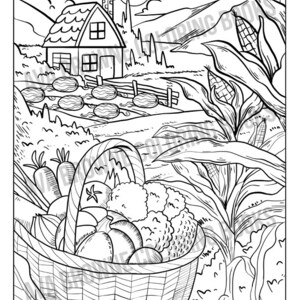 May include: A black and white line drawing of a basket full of vegetables and a farmhouse in the background. The basket is full of vegetables like carrots, onions, tomatoes, and cauliflower.