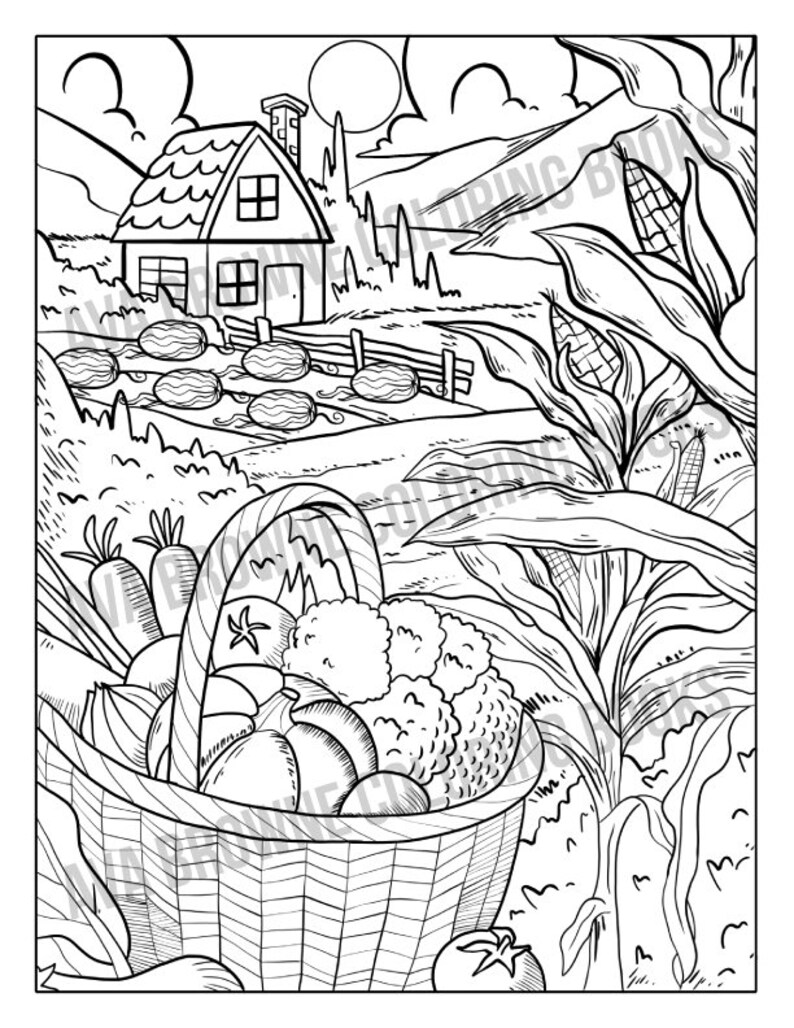 May include: A black and white line drawing of a basket full of vegetables and a farmhouse in the background. The basket is full of vegetables like carrots, onions, tomatoes, and cauliflower.