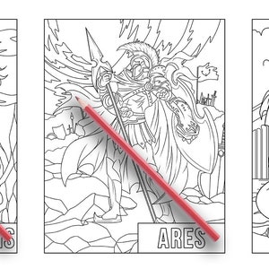 May include: Black and white line art illustrations of three Greek gods: Artemis, Ares, and Athena. Each illustration is framed with a white border and the name of the god is written below the image.