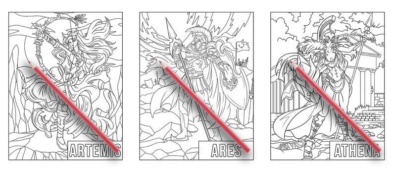 May include: Black and white line art illustrations of three Greek gods: Artemis, Ares, and Athena. Each illustration is framed with a white border and the name of the god is written below the image.