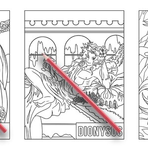 May include: Black and white line art illustration of three Greek gods: Eros, Dionysus, and Hades. Each god is depicted in a separate panel with their name written below.