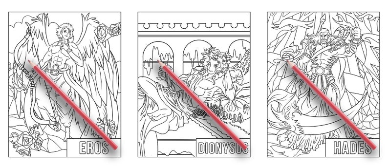May include: Black and white line art illustration of three Greek gods: Eros, Dionysus, and Hades. Each god is depicted in a separate panel with their name written below.