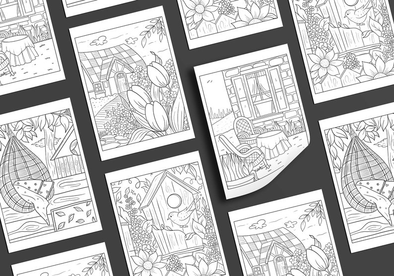 K&ouml;nnte beinhalten: Ein Set mit 10 druckbaren Malvorlagen mit skurrilen Illustrationen von H&auml;usern, G&auml;rten und V&ouml;geln. Jede Seite ist so konzipiert, dass Erwachsene und Kinder Spa&szlig; beim Ausmalen haben.