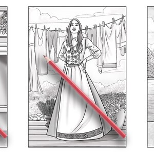 May include: Three black and white illustrations of women in different clothing styles. The first woman is sitting in a chair, the second woman is standing with her hands on her hips, and the third woman is standing with her hands clasped in front of her.