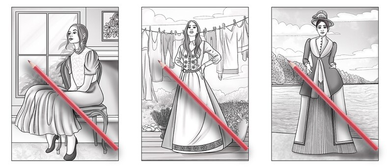 May include: Three black and white illustrations of women in different clothing styles. The first woman is sitting in a chair, the second woman is standing with her hands on her hips, and the third woman is standing with her hands clasped in front of her.