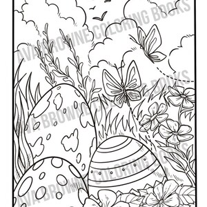 Peut inclure: Une page &agrave; colorier en noir et blanc repr&eacute;sentant trois &oelig;ufs de P&acirc;ques, deux papillons et des fleurs. Les &oelig;ufs sont d&eacute;cor&eacute;s de pois, de rayures et de volutes. Les papillons volent dans le ciel au-dessus des &oelig;ufs. Les fleurs fleurissent dans l'herbe autour des &oelig;ufs.