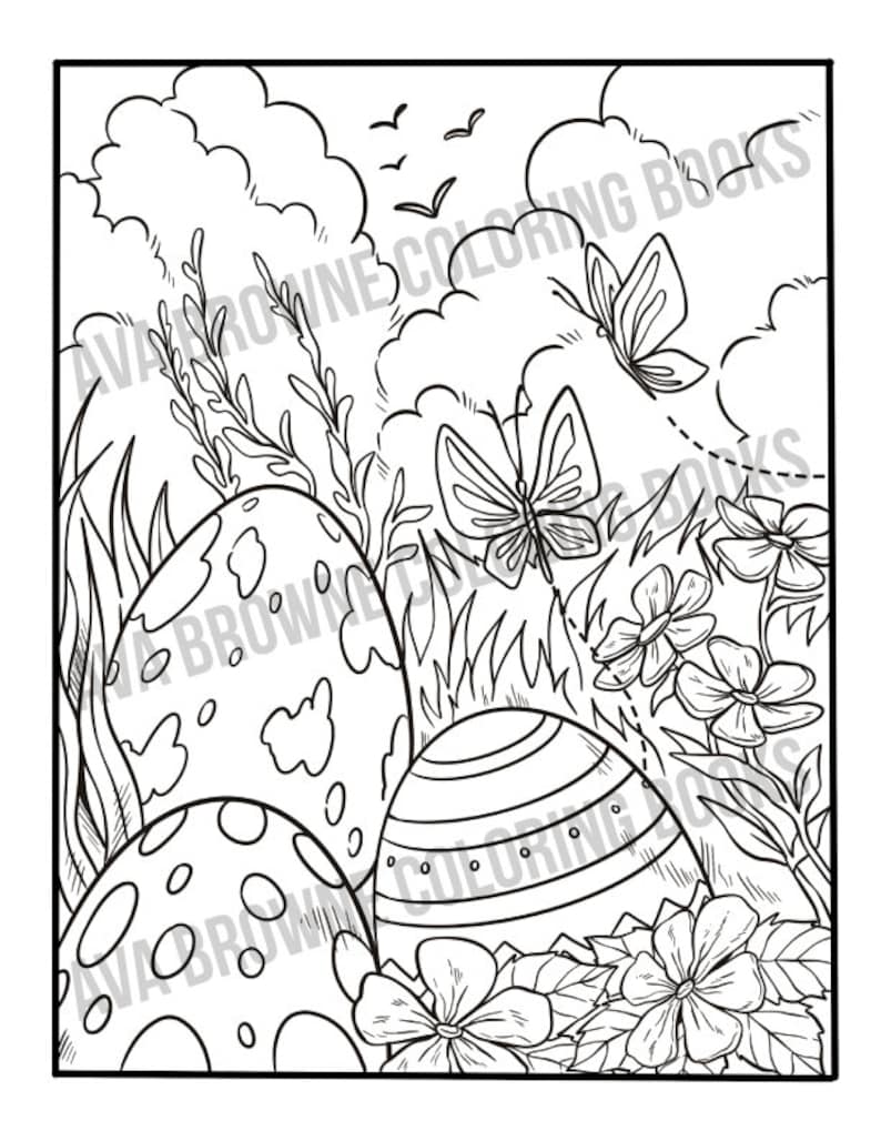 Peut inclure: Une page &agrave; colorier en noir et blanc repr&eacute;sentant trois &oelig;ufs de P&acirc;ques, deux papillons et des fleurs. Les &oelig;ufs sont d&eacute;cor&eacute;s de pois, de rayures et de volutes. Les papillons volent dans le ciel au-dessus des &oelig;ufs. Les fleurs fleurissent dans l'herbe autour des &oelig;ufs.