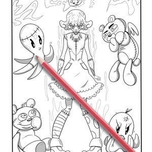 May include: Black and white illustration of a girl surrounded by cartoon-like creatures, including an octopus, teddy bears, and a crown. A red pencil is diagonally across the image, ready for coloring. The image is a coloring book page.