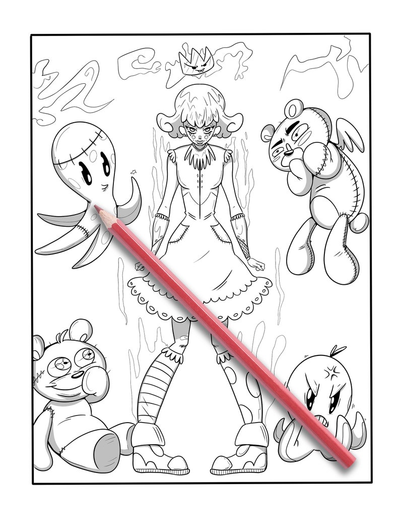 May include: Black and white illustration of a girl surrounded by cartoon-like creatures, including an octopus, teddy bears, and a crown. A red pencil is diagonally across the image, ready for coloring. The image is a coloring book page.