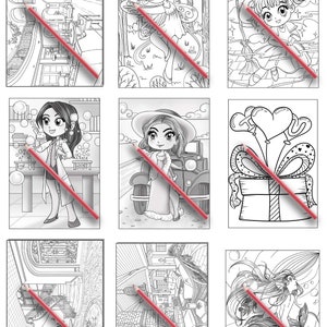 May include: A coloring book with nine different illustrations of cute cartoon characters. The illustrations include a fairy, a witch, a scientist, a woman in a car, a gift box, a mermaid, and three different scenes of buildings.