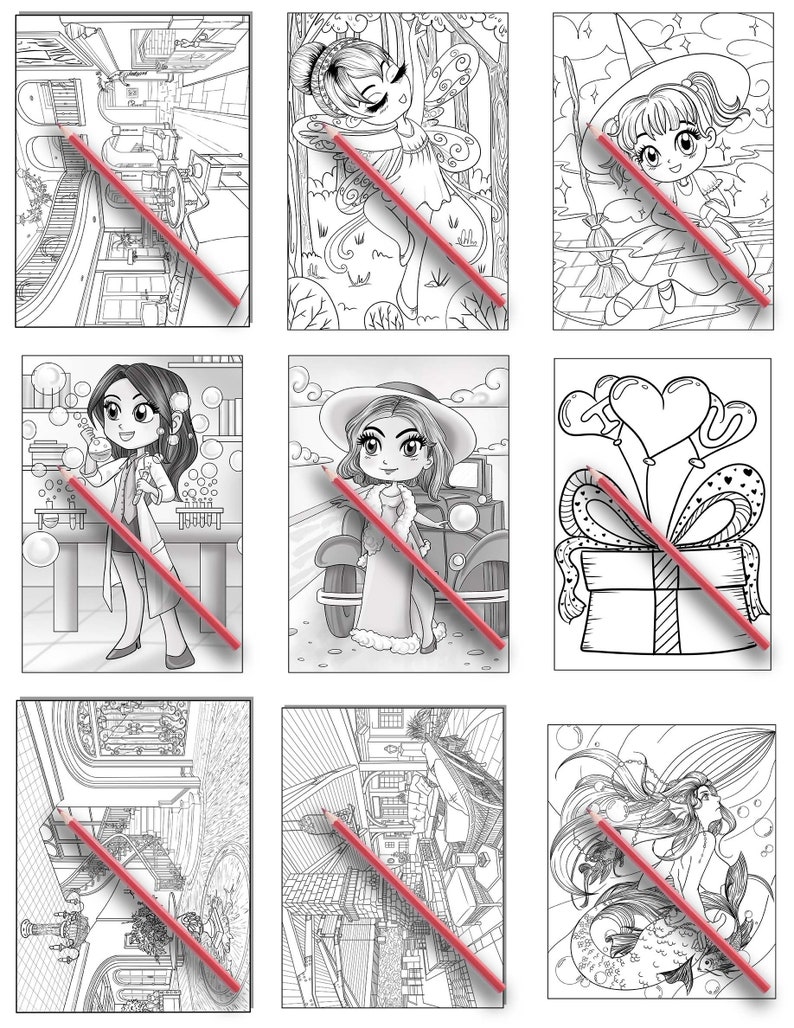 May include: A coloring book with nine different illustrations of cute cartoon characters. The illustrations include a fairy, a witch, a scientist, a woman in a car, a gift box, a mermaid, and three different scenes of buildings.