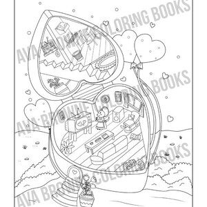 May include: A black and white line drawing of a heart-shaped house with a living room inside. The house has a front door, a window, a couch, a coffee table, a television, and a plant. There are two mice in the living room, one sitting on the couch and the other standing near the television. There are two heart-shaped balloons floating above the house.