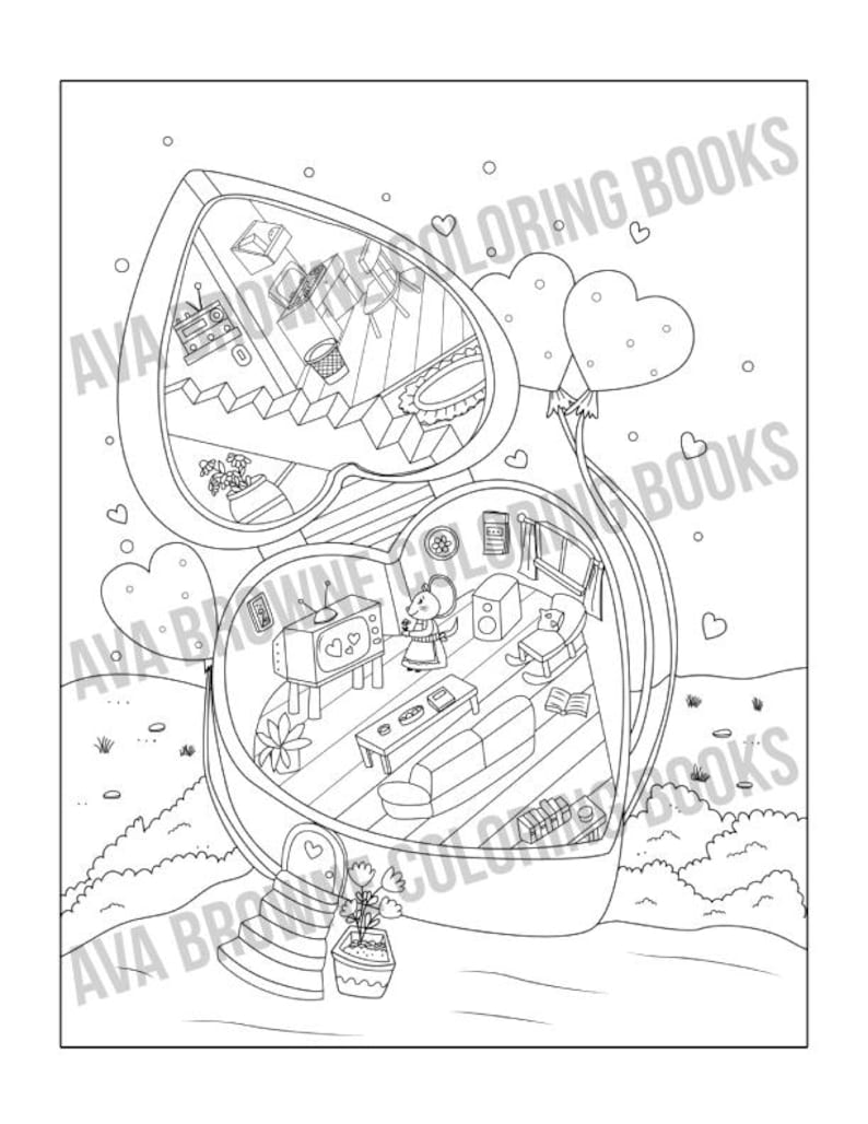 May include: A black and white line drawing of a heart-shaped house with a living room inside. The house has a front door, a window, a couch, a coffee table, a television, and a plant. There are two mice in the living room, one sitting on the couch and the other standing near the television. There are two heart-shaped balloons floating above the house.