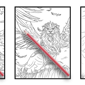 May include: Three black and white colouring pages featuring mythical creatures. The first page shows a cat with wings, the second page shows a lion with wings, and the third page shows a centaur with a sword.