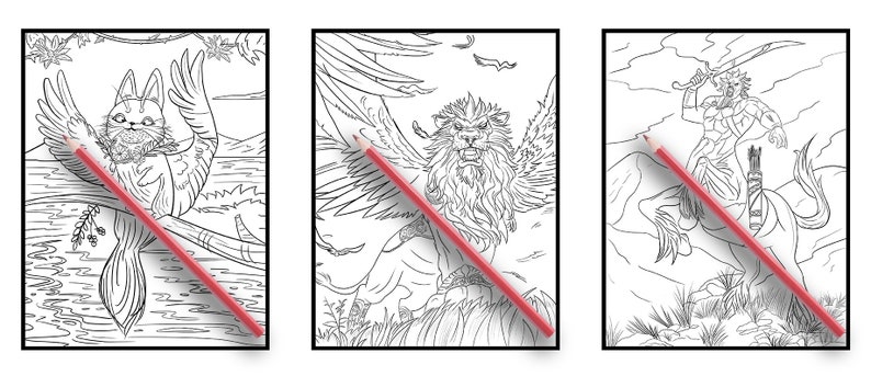 May include: Three black and white colouring pages featuring mythical creatures. The first page shows a cat with wings, the second page shows a lion with wings, and the third page shows a centaur with a sword.