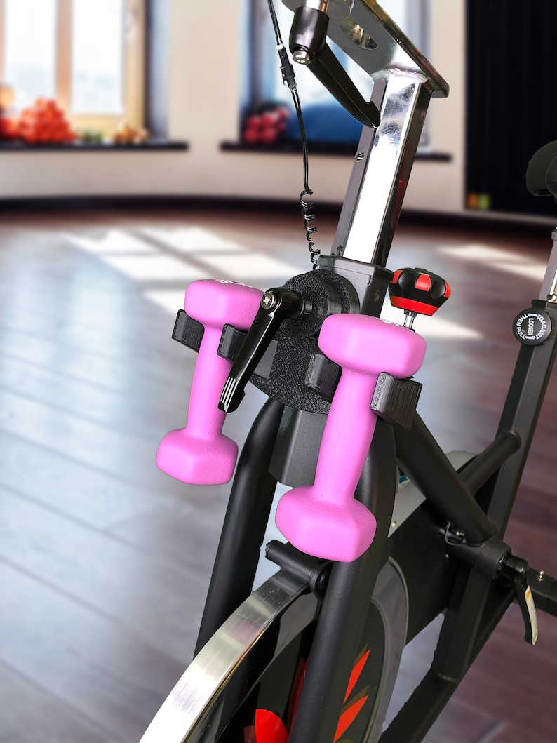 May include: A black stationary exercise bike with a silver upright post and two pink dumbbells attached to the frame.