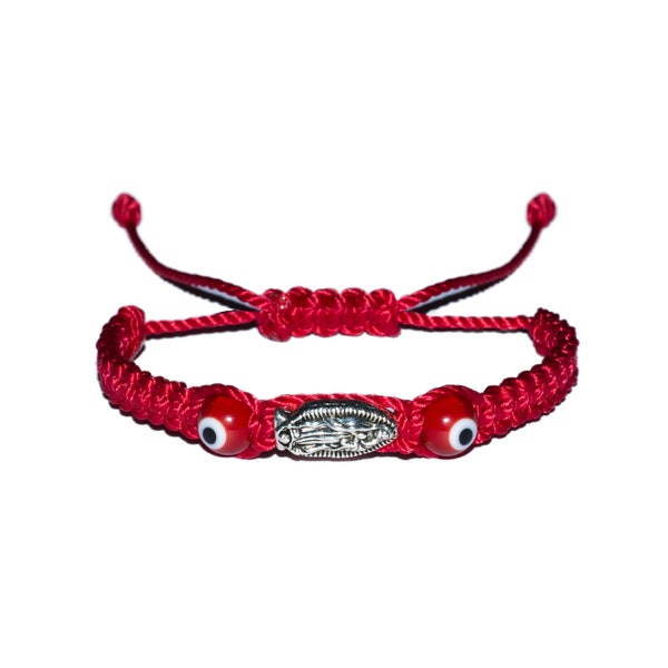 Virgen de Guadalupe w/ Red Evil Eye Macrame Bracelet (Red Color) •  Blessed / Protection / Prayer / Virgin Mary / Gifts for Baby, Adult