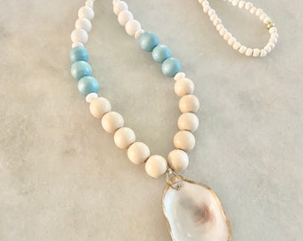 Beaded Oyster Necklace/ Long / Blue / Coastal