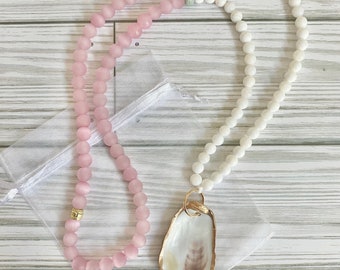 Oyster Shell Beaded / Statement Necklace / Pink Gemstone / Feminine