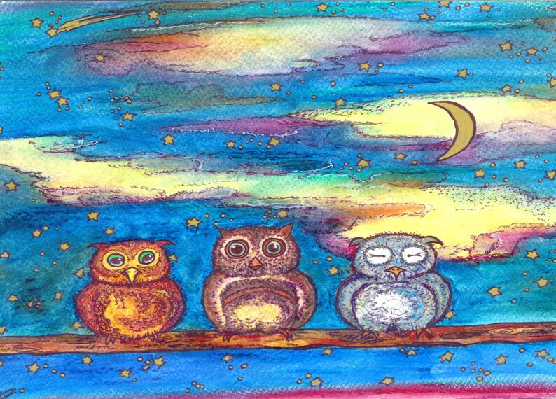 Shooting Star Night sky Three wise owls Owls Hand drawn Wish upon a star Prints Starry night Christmas cards Postcards Christmas