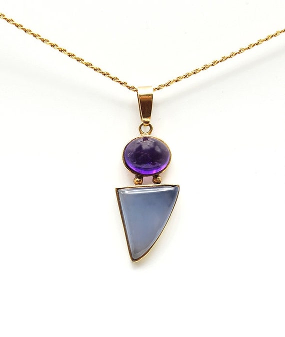 Blue Chalcedony and Amethyst Pendant in 14k Gold,… - image 4