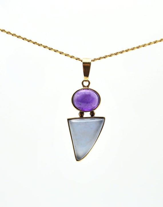Blue Chalcedony and Amethyst Pendant in 14k Gold,… - image 1