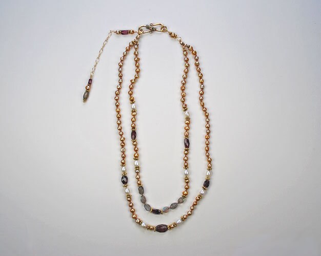 ★HARANG★ HR 50N_Pearl Point Garnet Labradorite Beads Neckl Labradorite, Garnet and Pearl Necklace With Matching