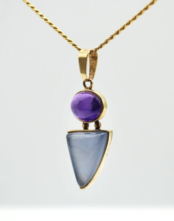 Blue Chalcedony and Amethyst Pendant in 14k Gold,… - image 3