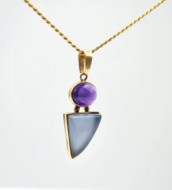 Blue Chalcedony and Amethyst Pendant in 14k Gold,… - image 2