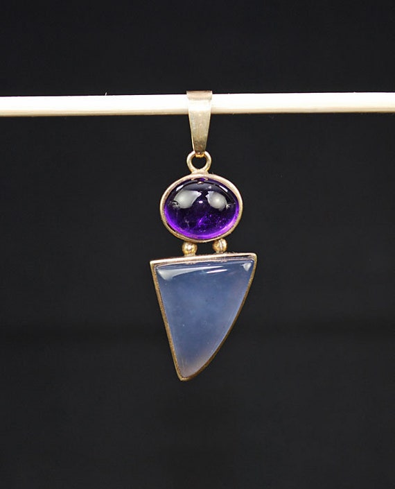 Blue Chalcedony and Amethyst Pendant in 14k Gold,… - image 6
