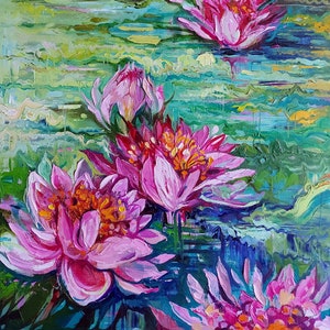 Water lily canvas painting, Monet water lilies wall decor, Claude monet pond, Water plant oil painting 27.6 by 19.7 image 1