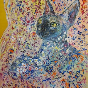 Peinture sur toile de chat sphinx égyptien, chat noir, yeux de félin, chat sphynx mauvais yeux, fond jaune, décoration murale de fond d'été