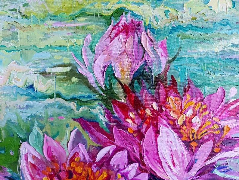 Water lily canvas painting, Monet water lilies wall decor, Claude monet pond, Water plant oil painting 27.6 by 19.7 image 3