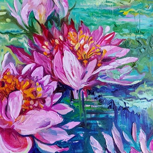 Water lily canvas painting, Monet water lilies wall decor, Claude monet pond, Water plant oil painting 27.6 by 19.7 image 8