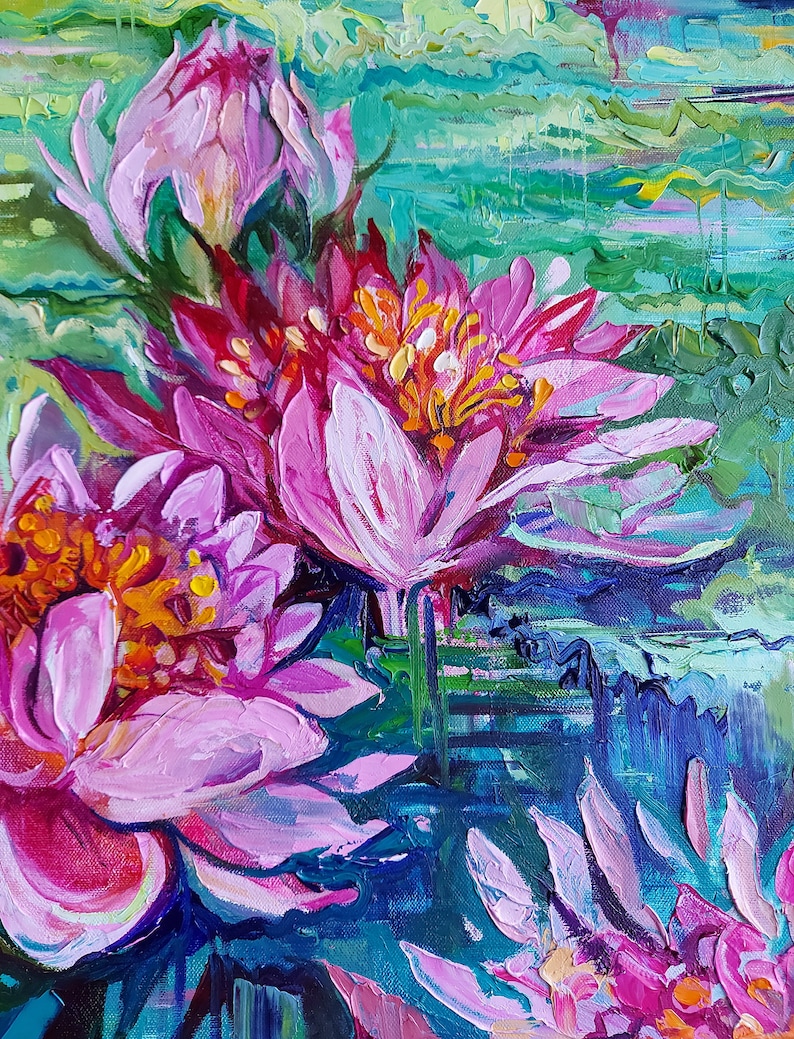 Water lily canvas painting, Monet water lilies wall decor, Claude monet pond, Water plant oil painting 27.6 by 19.7 image 8