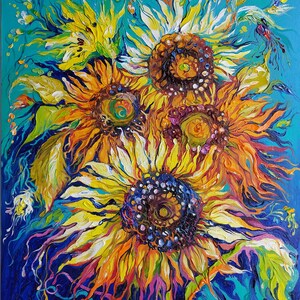 Peinture à l'huile tournesols bleu ciel, toile fleurs jaunes feuilles vertes, toile tournesol Van Gogh fond bleu, peinture 3D