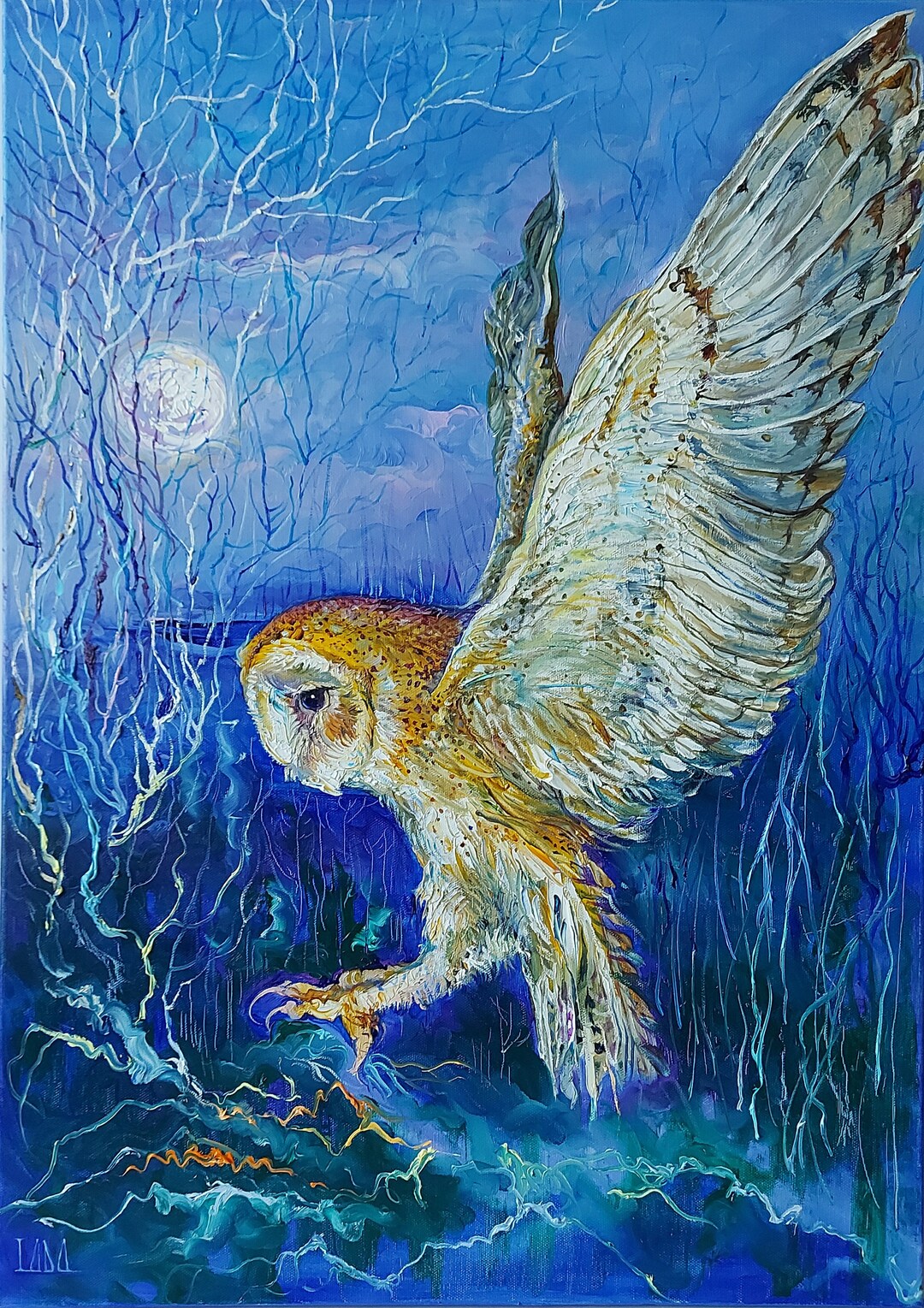 Flying Owl Canvas Painting Night Owl Birds of Prey Full Moon Night in ...