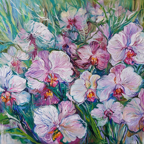 Peinture à l'huile de fleurs d'orchidées, peinture sur toile de fleurs blanches, jardin de fleurs d'orchidées blanches, grande oeuvre d'art murale de fleurs tropicales 23,6 po. par 31,5 po.