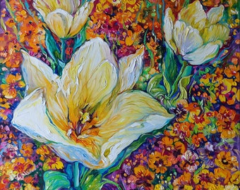 Dipinto ad olio di tulipani bianchi, fiori viola gialli, foglie verdi, dipinto su tela, dipinto strutturato Flower Power Park 23,6" per 23,6"