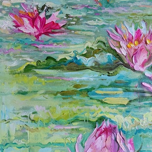 Water lily canvas painting, Monet water lilies wall decor, Claude monet pond, Water plant oil painting 27.6 by 19.7 image 2